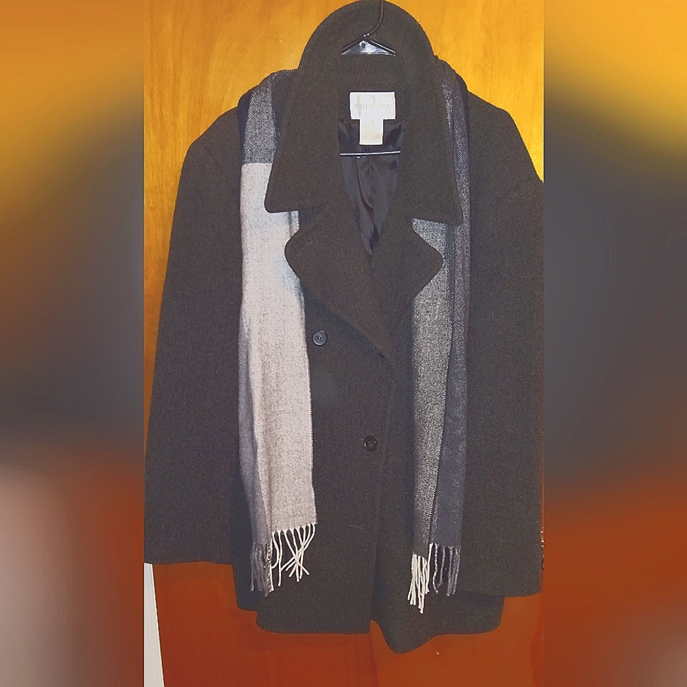 Wool overcoat with designer scarf